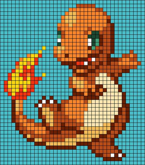 Crochet Pixel Pattern Pokemon, Charmander Cross Stitch, Pixel Pokemon, Crochet Circle Pattern, Pokemon Pixel, Pokemon Cross Stitch, Pokemon Bead, Pixel Art Pokemon, Pokemon Charmander