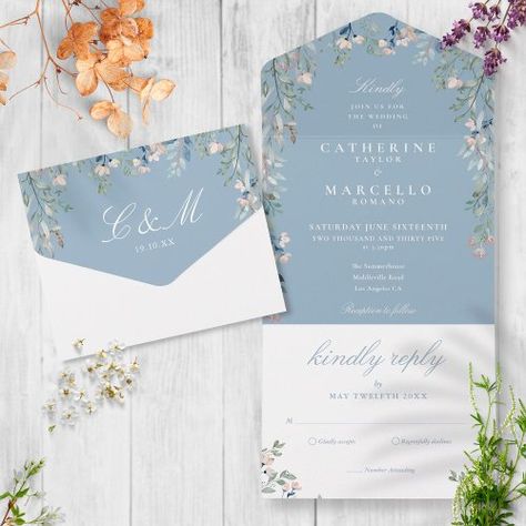 $ 3.8 | Dusty Blue Floral Greenery Cascade Wedding - wedding, floral, greenery, dusty blue, wedding rsvp, all in one wedding invitation, simple budget wedding, spring summer wedding, botanical country garden foliage, monogram Tri Fold Wedding Invitations, Floral Wedding Inspiration, Wildflower Photo, Blue Wedding Inspiration, Budget Wedding Invitations, Spring Wedding Invitations, Floral Greenery, Elegant Typography, Botanical Wedding Invitations