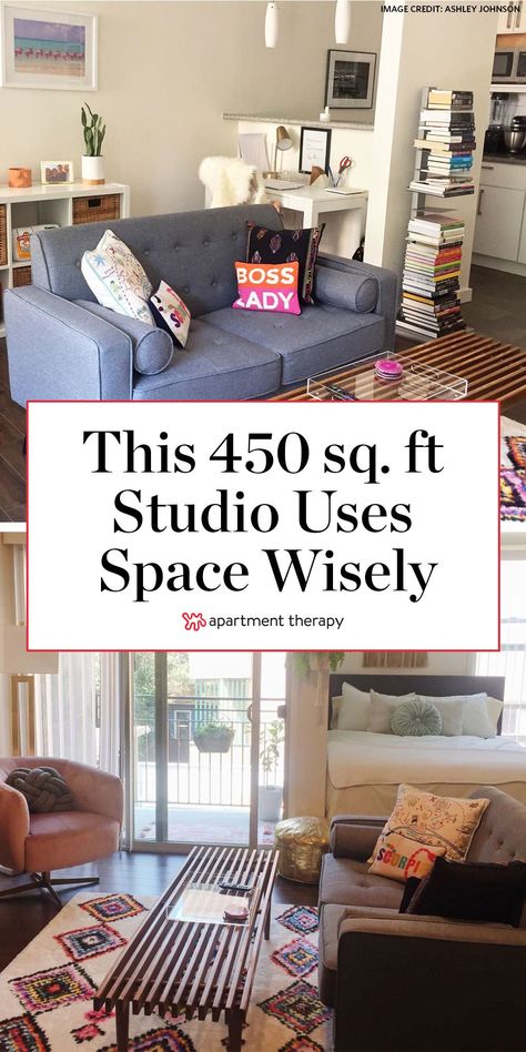 This 450 square foot studio uses space wisely, with lots of storage hacks. I House Tours by Apartment Therapy #studioapartment #smallspaces #studiolayout #studioideas #studioapartmentdecor #rentershacks #storageideas #smallspacestorage Apartment On A Budget, Small Studio Apartment Decorating, Tiny Studio Apartments, Studio Layout, Apartment Hacks, Studio Apartment Design, Aesthetic Interior Design, Studio Apartment Living, Apartment Storage