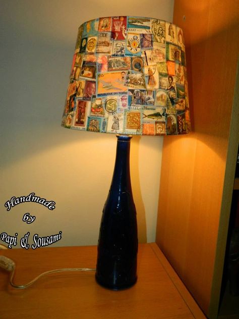 Vintage postage stamps collage on a used bottle transformed to a unique lampshade Stamp Collection Display, Postage Stamps Collage, Decorate Lampshade, School Preparation, Handmade Lampshades, Stamp Ideas, White Head, Postage Stamp Art, Collage Ideas