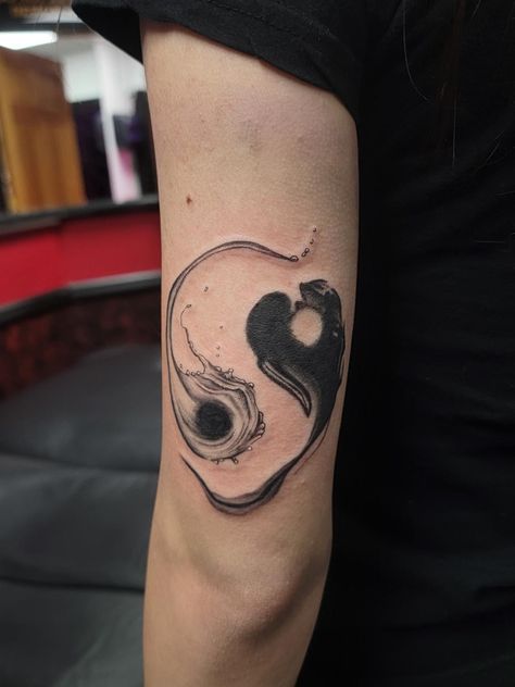 Fire and water!!!! I <3 my tat Water And Fire Matching Tattoo, Fire Tattoo Black And White, Ying Yang Tattoo Earth And Water, Yin Yang Fire And Water Tattoo, Fire Water Yin Yang, Water Tattoo, Yin Yang Tattoos, Fire Tattoo, Symbolic Tattoos