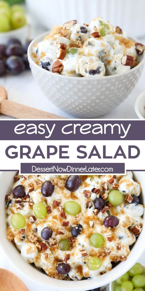 Creamy Grape Salad is made with green and red grapes coated in a cream cheese dressing, then topped with brown sugar and chopped pecans for an added crunch. A refreshing fruit salad that's perfect for potlucks. Cream Cheese Dressing, Grapes Salad, Creamy Grape Salad, Strawberry Cheesecake Salad, Grape Salad Recipe, Salad Cream, Fruit Salad Easy, Green Grape, Grape Salad