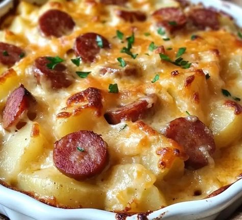 ½ cup of water (might need to add more water as sausage browns. Add ⅛ of a cup Sausage And Potato Bake, Gnocchi Bake, Kielbasa And Potatoes, Smoked Sausage Recipes, Vegetarian Sausages, Cheesy Potato Casserole, Kielbasa Sausage, Fresh Potato, Potato Gnocchi