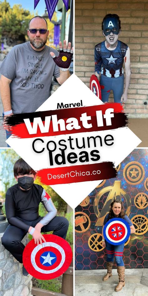 DIY Marvel What If Costumes including tutorials for Captain Carter, Happy Hogan, Bucky Barnes, and Captain America Zombie. Plus more What If costume ideas to inspire you. Theme Costumes | Trendy Costumes | What If Series Marvel Marvel Monday Spirit Week, Diy Avengers Costume, Funny Superhero Costumes, Bucky Barnes Costume, Trendy Costumes, Diy Superhero Costume, Winter Soldier Costume, Theme Costumes, Wiccan Marvel