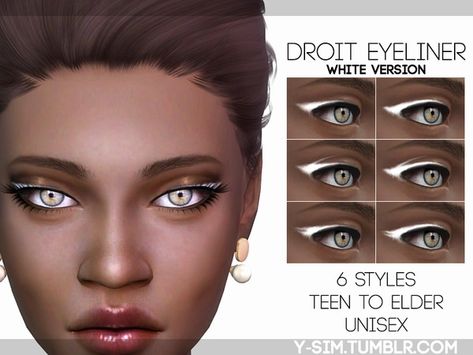 TSR : Y-Sim's Droit Eyeliner - White. Sims 4 White Eyeliner, Sims 4 Cc White Eyeliner, Colour Eyeliner, White Eyelashes, White Eyeshadow, Simple Eyeliner, White Eyeliner, Queen Makeup, Colored Eyeliner