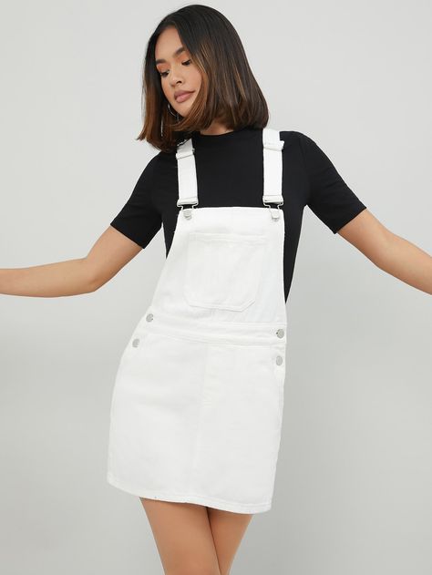 White Preppy  Sleeveless Denim Plain Pinafore Embellished Non-Stretch  Women Denim Pinafore Dress Outfit Summer, Denim Pinafore Dress Outfit, Lwd Outfit, Dungaree Dress Outfit, White Jean Dress, Overalls Dress Outfit, Denim Dress Outfit Summer, Pinafore Dress Outfit, Pinafore Outfit