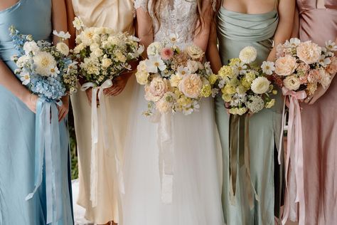 Oh how I love pastels! 💌 Bride: @whitneyamanda_ Floral designer: @beesblossomsfloralstudio Photographer & videographer: @hollandstudio.weddings Celebrant: @foreverbyemma_ Wedding Gown: @whitelilycouture Bridesmaids’ dresses: @billy_j_bridal Hair/Makeup: @natalielucasbridal Furniture Hire: @theonedayhouse Pastel Bridal Party, Bridesmaid Dresses Different Colors, Summer Bride, April Wedding, Wedding Palette, Wedding Bridal Party, All I Ever Wanted, Pastel Wedding, Floral Designer