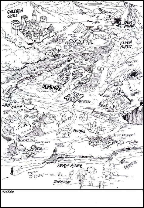 How To Draw A City Map, Map Castle Drawing, Fantasy Map Sketch, Castle With Village, Imaginary Maps Drawings, Maps Drawing, Army Camp, Village Drawing, Elven Forest