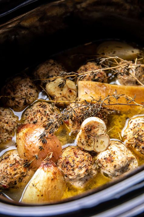 Crockpot Garlic Butter Chicken Meatballs with Creamy Orzo | halfbakedharvest.com Unique Slow Cooker Recipes, Crockpot Chicken Meatballs, Crockpot Garlic Butter Chicken Meatballs, Crockpot Garlic Butter Chicken, Garlic Butter Chicken Meatballs, Butter Chicken Meatballs, Dinner Instant Pot, Best Hamburger Patty Recipe, Creamy Orzo