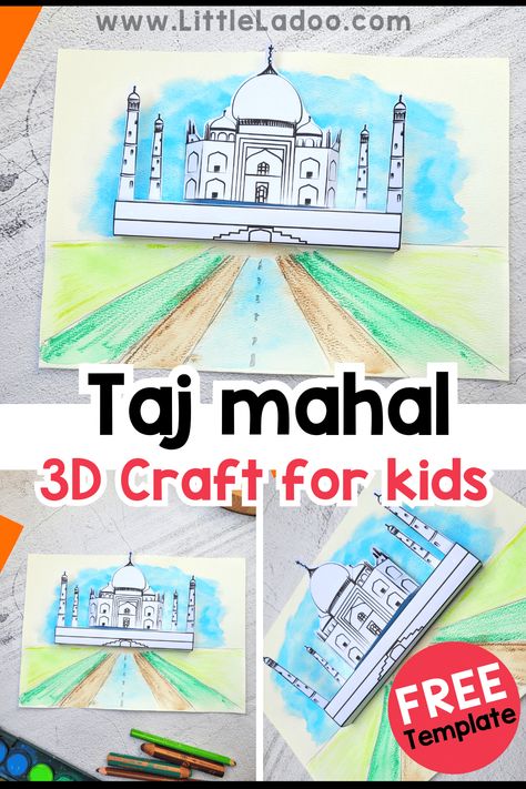 Taj Mahal 3D Paper craft Taj Mahal School Project, Thailand Crafts For Kids, India Crafts For Kids, Country Worksheet, Around The World Crafts For Kids, Taj Mahal Art, Tac Mahal, India Crafts, Free Printable Crafts