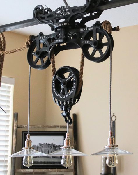 Barn Loft Ideas, Pulley Ideas, Hay Trolley, Bbq Shack, Florida Project, Pulley Light, Diy Lamps, Diy Light Fixtures, Rustic Light Fixtures