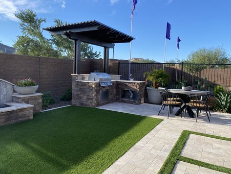 Backyard Patio And Landscape Ideas, Rectangle Backyard Ideas, Narrow Backyard Ideas, Arizona Backyard Landscaping, Turf Backyard, Garden Sitting Areas, Arizona Backyard, Backyard Pavilion, Backyard Renovations