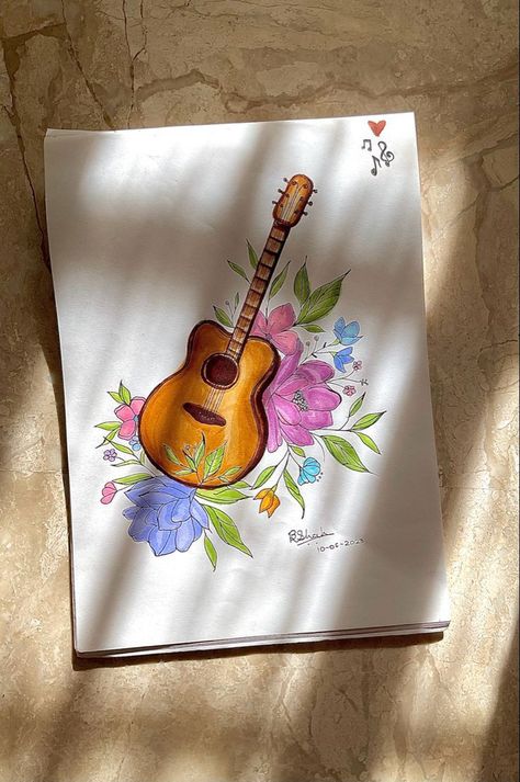 Guitar Drawing Art Paintings, Watercolor Art Guitar, Aesthetic Guitar Drawing, Guitar Aesthetic Drawing, Guitar Drawing Aesthetic, Drawing Of Guitar, Painting Of Guitar, Guitar Drawing Easy, Guitar Painting Ideas