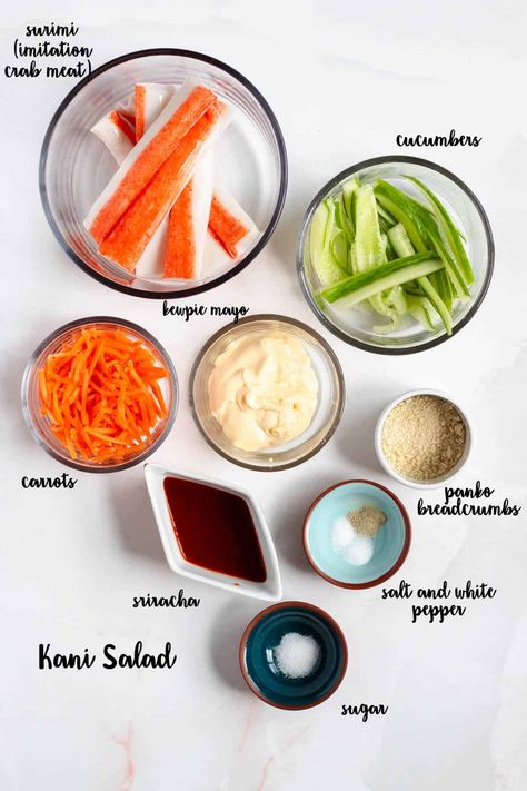 Kani Salad: 5 Minute Spicy Crab Salad - The Foreign Fork Spicy Crab Salad Recipe, Spicy Crab Recipes, Spicy Crab Salad, Spicy Kani Salad Recipe, Japanese Appetizer, Spicy Crab Roll, Kani Salad, Japanese Appetizers, Japanese Mayo