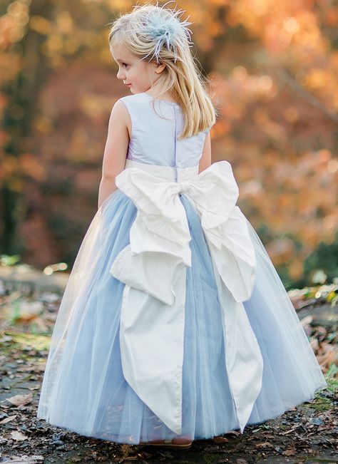 @pegeendotcom custom flower girl dress in light blue with Cinderella bow. Custom Flower Girl Dress, Blue Flower Girl, Flower Girl Dresses Blue, Long Flower Girl Dresses, Tulle Bridesmaid, Light Blue Wedding, Cinderella Wedding, Girls Blue Dress, White Flower Girl Dresses