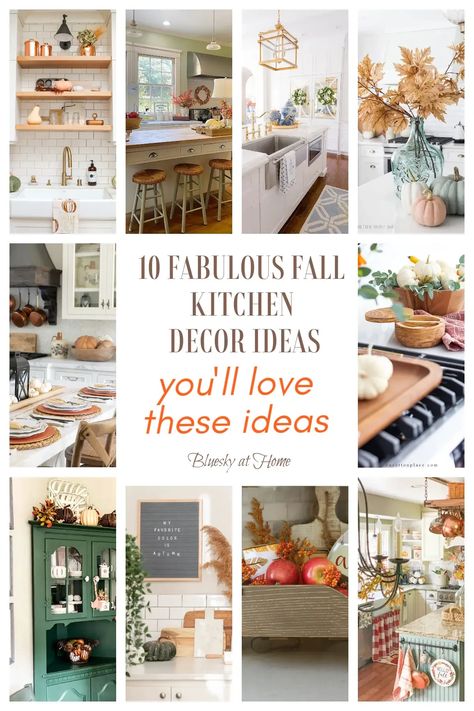 10 Fabulous Fall Kitchen Decorating Ideas. Use these great ways to infuse your kitchen with your favorite style of fall decorating. From rustic to famrhouse to traditional, let your kitchen become a warm and cozy place to celebrate fall decor that will warm up the autumn season. Farmhouse Fall Kitchen Decor Ideas, Blue Accents Living Room, Hanging Herbs, Fall Vignettes, Kitchen Decorating Ideas, Blue Kitchen Cabinets, Fall Kitchen Decor, Kitchen Island Decor, Kitchen Images