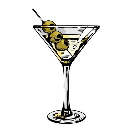 Martini glass with olives. Hand drawn alcohol cocktail, vector illustration isolated on white Cocktail Vector Illustrations, Paintings Of Alcoholic Drinks, Martini Illustration Graphics, Martini Glass Illustration, Cocktail Glasses Illustration, Cocktail Glass Drawing, Cocktail Illustration Graphic Design, Cocktail Glass Illustration, Martini Glass Drawing