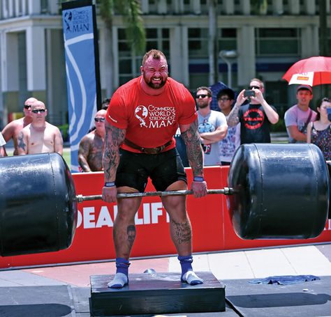 Hafthor Julius Bjornsson, using Strong-Enough Lifting Straps, grinds out reps on the deadlift at the 2015 World’s Strongest Man competition in Putrajaya, Malaysia. Randall J. Strossen photo. World's Strongest Man, Heptathlon, Strongest Man, Space Story, Olympic Swimmers, Strong Man, Lifting Straps, Olympic Medals, Putrajaya