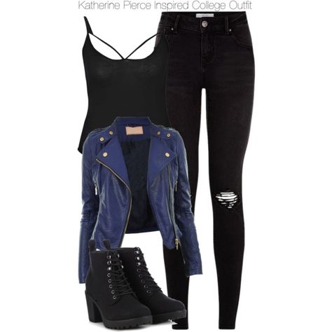 Katherine Pierce Inspired College Outfit by staystronng on Polyvore featuring polyvore fashion style Boohoo Call it SPRING college tvd KatherinePierce Katherine Pierce Outfits, Cute College Outfits, Blue Leather Jacket, College Outfit, Katherine Pierce, Emo Scene, Teenager Outfits, Teenage Fashion Outfits, Edgy Outfits