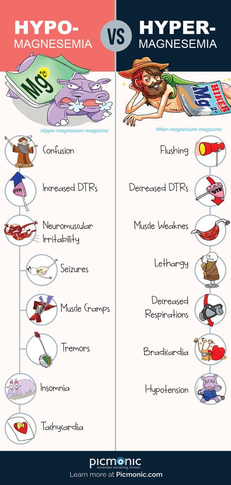 Master the differences between hypomagnesemia and hypermagnesemia with Picmonic!   #magnesemia #hypomagnesemia #hypermagnesemia #symptoms #NursingSchool #NCLEX #Mnemonic #Infographic  #Picmonic Physiological Needs, Nursing Information, Nurse Study Notes, Nursing Mnemonics, Nursing Student Tips, Pharmacology Nursing, Nursing School Survival, Best Nursing Schools, Fundamentals Of Nursing