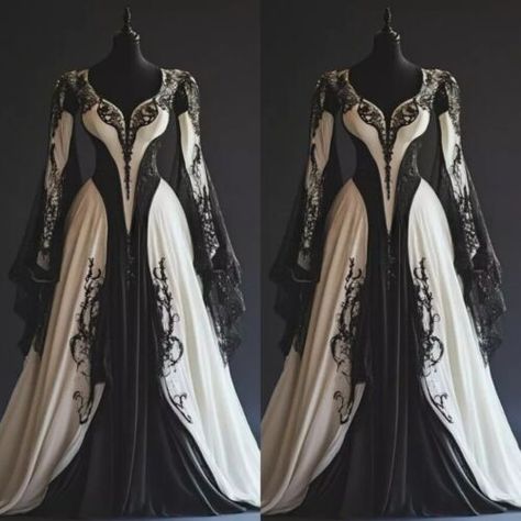 Long Sleeve Black And White Wedding Dress, Steam Punk Wedding Dresses, Gothic Wedding Dress Black And White, Black And White Wedding Dress With Sleeves, White Wedding Dress With Black Accents, Masculine Wedding Dress, Vintage Gothic Wedding Dress, Gothic Wedding Dress White, Nordic Wedding Dress