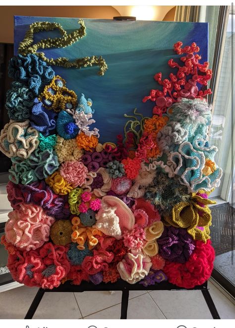 Crochet Collage Art, Crochet Art Sculpture, Crochet Sculpture, 3d Artwork, Art Installation, Crochet Art, Art Sculpture, Sea Creatures, Installation Art