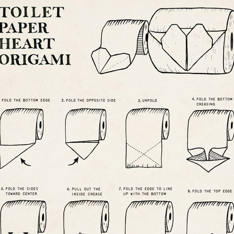 This vintage style poster has the illustration of origami instruction of toilet paper Heart origami. This art print is great for your bathroom, or as housewarming gift. SIZE: 5 x 7 inch (12.7 cm x 17.8 cm), 8 x 10 inch ( 20.32 cm x 25.4 cm), 8.5 x 11 inch (21.6 cm x 28 cm), 11 x 14 inch (28 cm x 35.6 cm), and 12 x 16 inch (30.5 cm x 40.6 cm). INK & PAPER TYPE: This high resolution art will be printed on museum quality, heavyweight EPSON ultra smooth matte paper with genuine EPSON ink, which Toilet Paper Art Bathroom, Origami Paper Art Step By Step, Toilet Paper Folding Ideas, Paper Origami Step By Step, Diy Origami Step By Step, Toilet Paper Heart, Cute Origami Step By Step, Origami Poster, Paper Hearts Origami