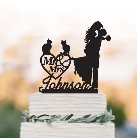 personalize wedding cake topper with cat and monogram mr and mrs Textured Wedding Cakes, Wedding Cake Topper Silhouette, Mr And Mrs Cake Topper, Cake Elegant, Mr And Mrs Cake, Funny Cake Toppers, Funny Wedding Cakes, Bride And Groom Silhouette, Wedding Cake Fresh Flowers