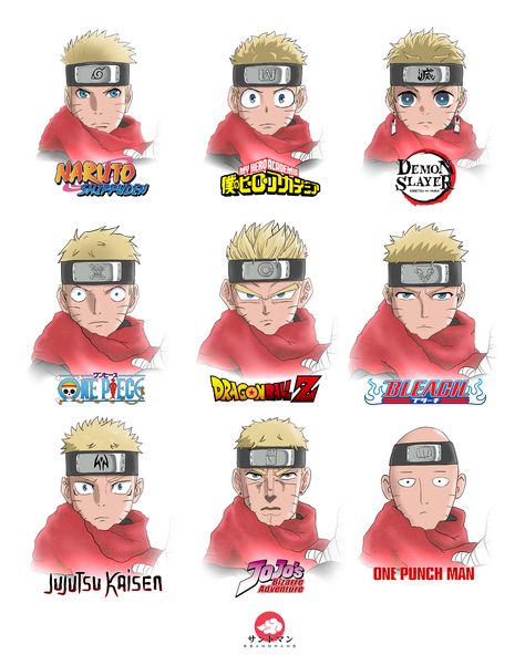 Naruto Uzumaki drawn as a Jujutsu Kaisen, Jo jo bizarre adventures, One punch man, Bleach, Dragonball z, Demon slayer, One piece, and My hero academia character. Naruto In Demon Slayer, Jujutsu Kaisen X Naruto, Naruto Jujutsu Kaisen, Drawing Nezuko, Anime Dancing, Jo Jo, Funny Birds, Punch Man, Anime Hair