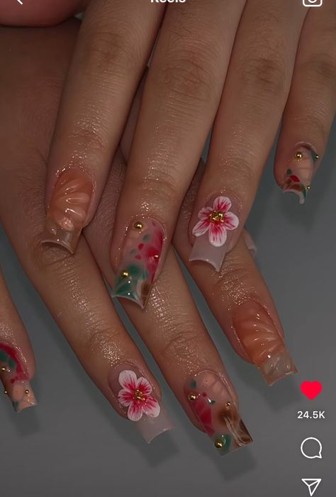 Brown Nails With Flowers, Mexican Nails Designs Mexico, Nude Flower Nails, Vacation Nails Beach Mexico, Italian Nails, Acrylic Toe Nails, Long Acrylic Nail Designs, French Tip Acrylic Nails, Classy Acrylic Nails