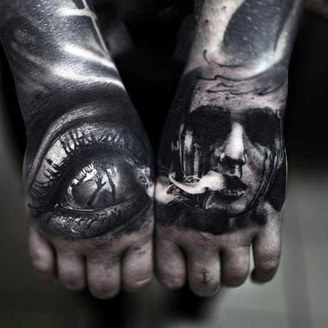 Eye tattoos for men have continued to earn more popularity in the modern world. The young and old men are ever seeking for tattoo experts, but before you jump unto the bandwagon, there are various… Herren Hand Tattoos, Horror Tattoos, Catrina Tattoo, Tato Henna, Tattoo Trend, Retro Tattoos, Hand Tats, Scary Tattoos, Skeleton Hand Tattoo