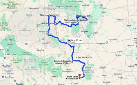 At nearly 800 miles and 14 hours of drive time, this iconic views of New Mexico road trip will have to be taken over the course of a few days. So set aside a long weekend and get ready for adventure. You can use our customizable <a href=https://www.google.com/maps/dir/Rio+Grande+Gorge+Bridge,+Taos,+NM/Brazos+Cliffs,+New+Mexico/Ghost+Ranch,+U.S.+84,+Abiquiu,+NM/Bisti+Badlands,+New+Mexico/Shiprock,+NM/Bosque+del+Apache+National+Wildlife+Refuge+Visitor+Center,+New+Mexico+1,+San+Antonio,+NM/White+Sa New Mexico Road Trip Map, Mexico Road Trip, New Mexico Road Trip, Ghost Ranch, Travel New Mexico, Road Trip Map, San Juan Mountains, New Mexico Usa, River Rafting