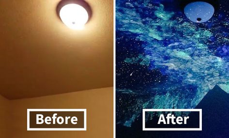 Woman Creates Glow-In-The-Dark Galaxy Painting For Boy Who Couldn't Fall Asleep, Here's His Reaction Glow In Dark Paint, Stars Painting, Galaxy Bedroom, Galaxy Room, Sky Ceiling, Dark Ceiling, Dark Galaxy, Diy Glow, Night Sky Painting