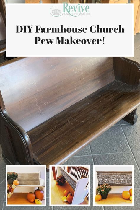 Painted Pew Bench, Pew Makeover, Restoration Hardware Finish, Church Pew Bench, Pew Bench, Makers Studio, Old Benches, Stripping Paint, Moroccan Stencil