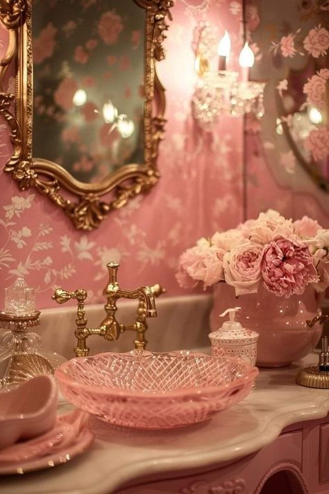 Pink Rose Bedroom Ideas, Pink Rose Bathroom, Feminine Bathrooms, Rococo Bathroom, Girly Apartment Ideas, Girly House, Feminine Home Decor, Glam Bathroom Decor, Feminine Bathroom