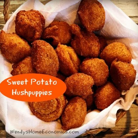 Crispy-on-the-outside and moist-in-the-middle, these hushpuppies featuring NC sweet potatoes are the perfect side dish all sorts of soups, chowders, salads.... or just by themselves drizzled with honey! Sweet Potato Balls Recipe, Sweet Potato Cornbread, Hush Puppies Recipe, Home Economics, Potato Dishes, Sweet Potato Recipes, Recipe For Mom, Camping Food, Perfect Side Dish