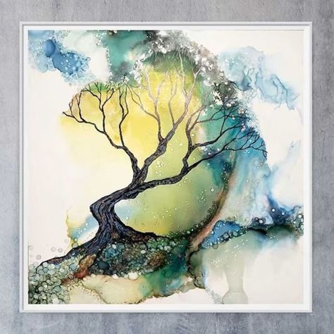 Tree Painting Abstract, Boom Kunst, Pine Tree Art, Alcohol Ink Crafts, Ink Crafts, Art Tree, Purple Art, Alcohol Ink Painting, Forest Art