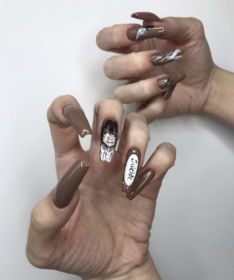 Dazai Nails Design, Dazai Nails, Bsd Nail Ideas, Dog Nail Art, Makeup Anime, Anime Nail, Nails Grey, Grey Nail, Anime Bungou Stray Dogs