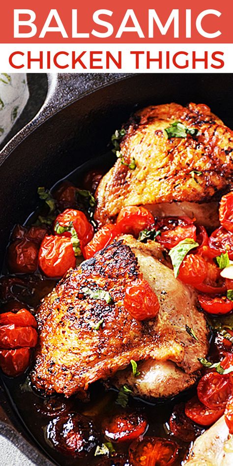 Easy Balsamic Chicken Thighs with Tomatoes is an easy, LOW CARB recipe that cooks all in one skillet and is loaded with fresh ingredients to maximize flavor. Chicken Thighs are very easy to cook, perfect for the KETO diet, budget-friendly, and a super versatile ingredient. Chicken thighs are my GO-TO easy dinner recipe any night of the week. Check out all of my chicken thigh recipes and learn how to cook easy dinners using chicken thighs. #LTGrecipes #ChickenThighs #EasyDinner #Chickenrecipe Chicken Thigh And Tomato Recipes, Balsamic Chicken And Tomatoes, Chicken Thigh Recipes With Tomatoes, Chicken Thighs And Tomatoes, Low Fat Chicken Thigh Recipes, Chicken Thigh Tomato Recipe, Easy Skillet Chicken Thighs, Dinner Ideas Chicken Thighs, Easy Balsamic Chicken