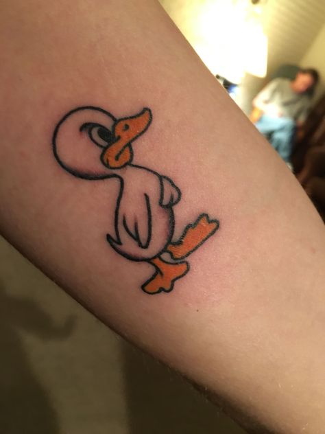 Traditional Duck Tattoo, Funny Duck Drawing, Cute Duck Tattoo, Ducky Tattoo, Duck Hunting Tattoos, Personal Tattoos, Couple Tattoos Unique Meaningful, Duck Tattoos, Hunting Tattoos