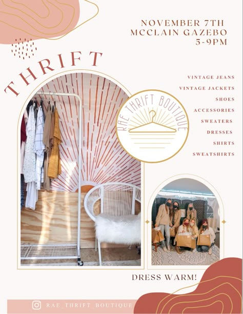 Clothing Store Opening Poster, Pop Up Shop Invitation, Boutique Flyer Ideas, Boutique Advertising Ideas, Thrift Pop Up Shop, Pop Up Thrift Shop Ideas, Pop Up Market Poster, Thrift Store Branding, Pop Up Store Poster