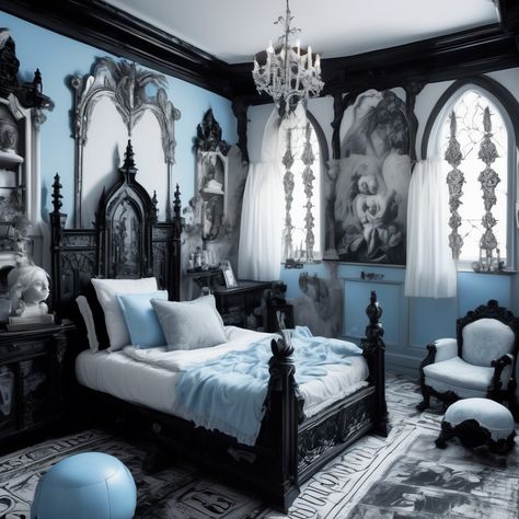 Habitación pequeña blanco y negro con un arquitectura gotica y renacentista con decoración vintage infantil con toques baby blue Blue Gothic Bedroom, Blue Goth Room, Black And Blue Room Ideas, Black Gothic Bedroom, Universe Decor, Goth Interior Design, Goth Interior, Light Blue Rooms, Library Rooms