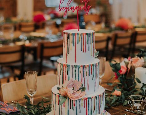 Rainbow drip wedding cake design for a colorful wedding Technicolor Wedding, Rainbow Themed Wedding, Pastel Rainbow Wedding, Carnival Photoshoot, Drip Wedding Cake, Rainbow Wedding Theme, Rainbow Wedding Cake, Pride Wedding, Rainbow Cakes