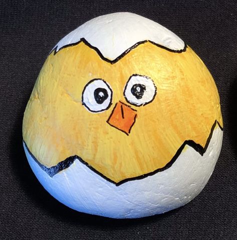 Painted yellow chick in egg rock Cracked Egg Rock Painting, Painted Rock Chicken, Chicken Painted Rocks, Stew Vegetarian, Egg Rock, Painted Chicken, Chicken Painting, Cracked Egg, Egg Painting