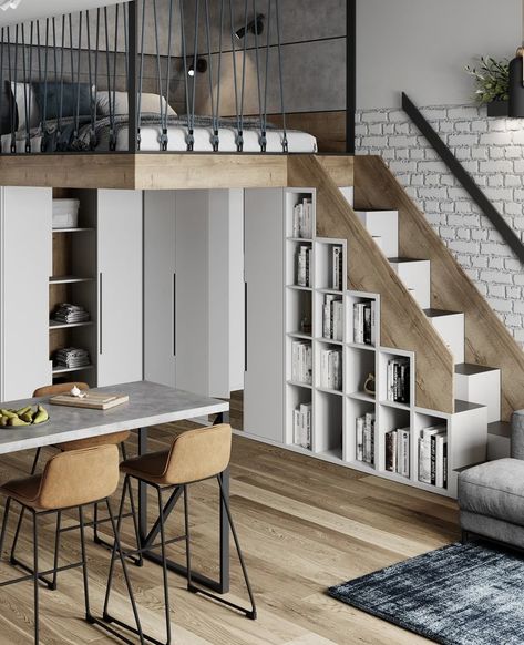 Small Loft Apartments, Tiny Loft, Loft House Design, Tiny House Stairs, Tiny House Loft, Small Loft, Small Apartment Design, Loft Interiors, Small Studio Apartments