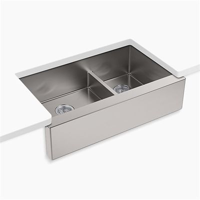 Kohler Co. Kitchen Sink 5416-NA Strive Under-Mount Double-Bowl with Tall Apron Steel Farmhouse Sink, Double Basin Kitchen Sink, Basin Kitchen Sink, Stainless Steel Farmhouse Sink, Front Kitchen, Apron Front Kitchen Sink, Cabinet Faces, Kitchen Sink Stainless Steel, Apron Front Sink