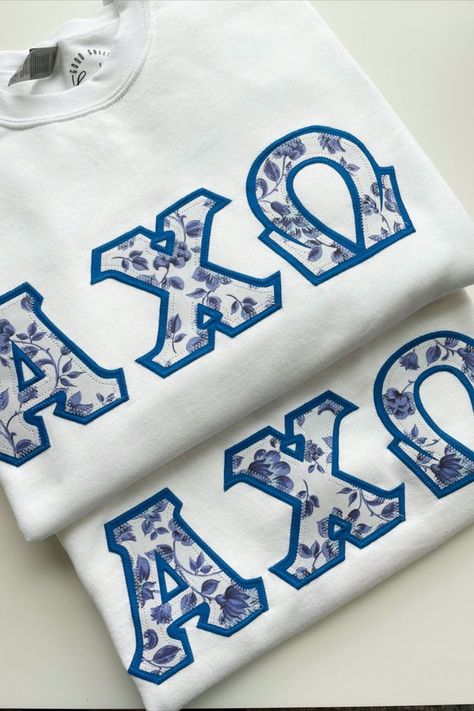 Sorority Stitched Letters, Alpha Chi Omega Shirts, Sorority Shirts Letters, Big/little Baskets, Sorority Family, Collage Party, Greek Letter Shirts, Stitched Letters, Stitch Letters