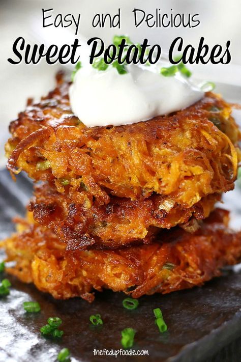 Sweet Potato Cakes recipe is a fun twist off of Sweet Potato Latkes. Made with feta, dill and smoked paprika, these are delicious for breakfast or dinner. Top with sour cream and chives for a delicious side dish.  #SweetPotatoRecipes #SweetPotatoPatties  https://www.thefedupfoodie.com Sweet Potato Cakes, Sweet Potato Latkes, Sweet Potato Patties, Best Sweet Potato, Potato Cakes Recipe, Sweet Potato Fritters, Clean Eating Vegetarian Recipes, Sweet Potato Cake, Potato Patties