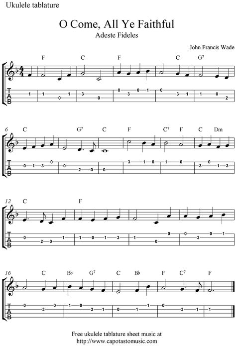 ✓"O Come, All Ye Faithful" ("Adeste Fideles") Ukulele Sheet Music - Free Printable Fingerpicking Ukulele Songs, Ukulele Tabs Fingerpicking, Guitar Music Sheets, Christmas Ukulele Songs, Christmas Ukulele, Ukulele Fingerpicking Songs, Ukulele Tabs Songs, Ukelele Chords Ukulele Songs, Ukulele Fingerpicking