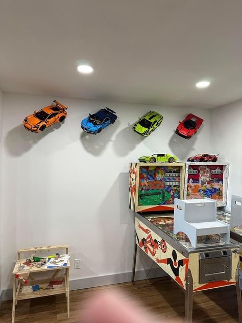 Lego Cars On Wall, Lego Cars Display, Lego Car Display Ideas, Lego Display Ideas, Car Themed Bedrooms, Hot Wheels Room, Lego Bedroom, Lego Decorations, Lego Wall